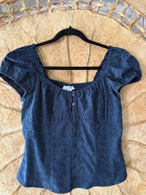 💙 Just Polly Navy Eyelet Puff Sleeve Top | Smocked Back | Size L -"Never Worn"